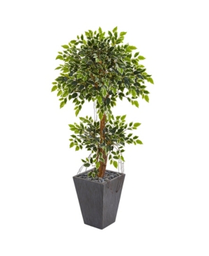 Nearly Natural 5' Variegated Ficus Artificial Tree In Slate Planter In Green