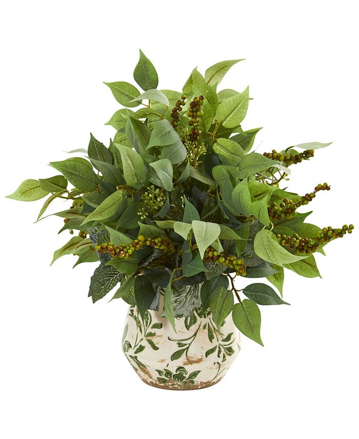 Nearly Natural - Mixed Ficus, Fittonia and Berries Artificial Plant in Floral Vase