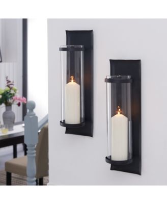 Metal Pillar Candle Sconces with Glass Inserts - Set of 2