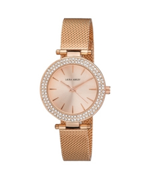image of Laura Ashley Ladies- T-Bar Case Double Stone Bezel Rose Gold Mesh Band Watch