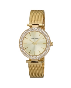 image of Laura Ashley Ladies- T-Bar Case Double Stone Bezel Gold Mesh Band Watch