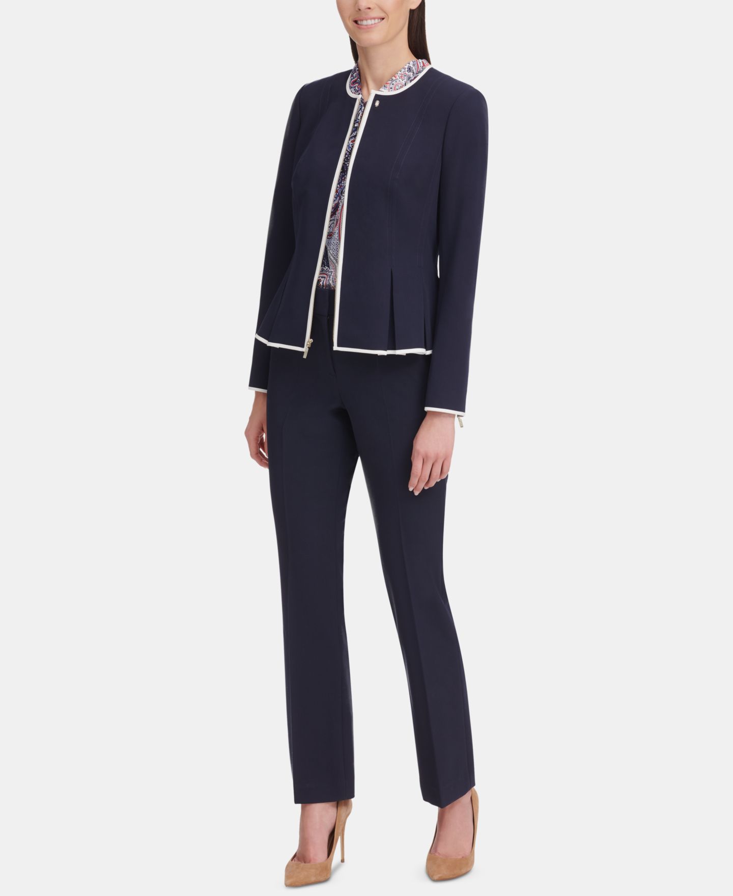 Женская куртка Tommy Hilfiger Zip-Front Peplum, цвет: Тёмно-синий / Слоновая кость — фото 9