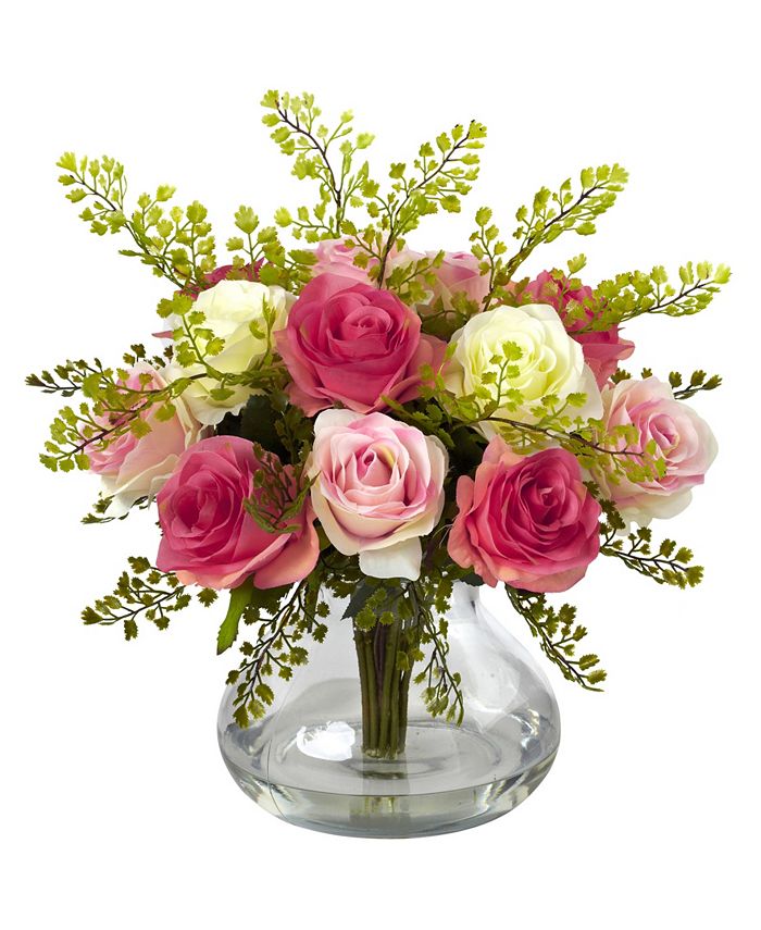 Nearly Natural - Rose and Maiden Hair Floral Arrangement w/Vase