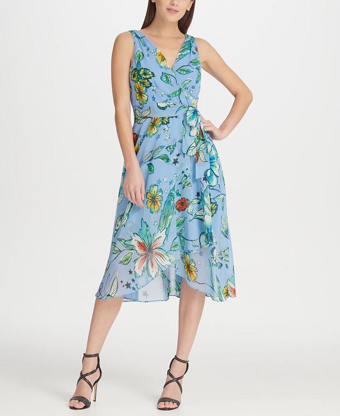 DKNY Floral Chiffon V-Neck Midi Wrap Dress with Belt - Macy's