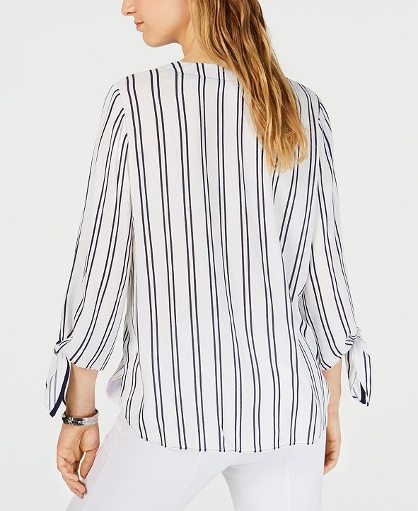 MICHAEL KORS COLLECTION Womens Blue Tie Hi-lo Striped Cuffed Sleeve Collared Blouse main image 1