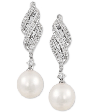 image of Arabella Cultured Freshwater Pearl (7mm) & Cubic Zirconia Drop Earrings in Sterling Silver, Created for Macy-s