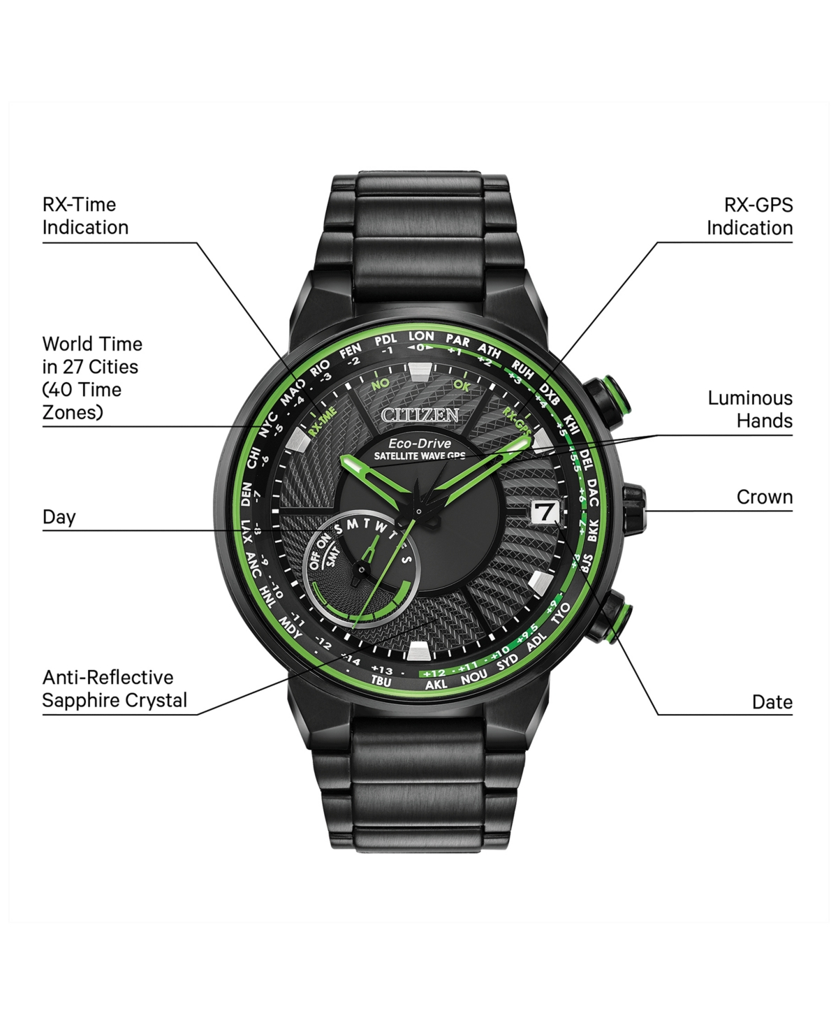 Citizen Eco-Drive Men's Satellite Wave Gps Black-Tone Stainless Steel Bracelet Watch 44mm
