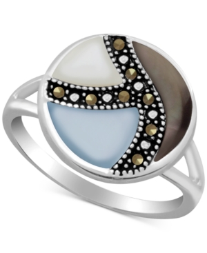 image of Multicolor Shell & Marcasite Statement Ring in Fine Silver-Plate
