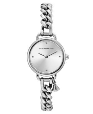 image of Bcbgmaxazria Ladies Round Stainless Steel Chain Bracelet with Crystal Charm Watch, 26mm