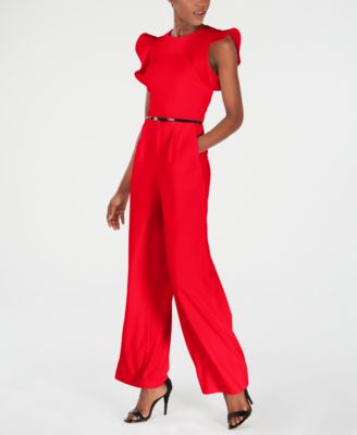 Calvin Klein Belted Ruffle Sleeve Jumpsuit Macy s