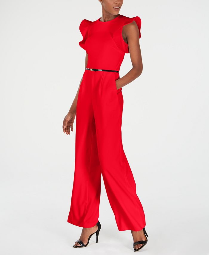 Calvin Klein Belted Ruffle-Sleeve Jumpsuit & Reviews - Pants & Capris -  Women - Macy's