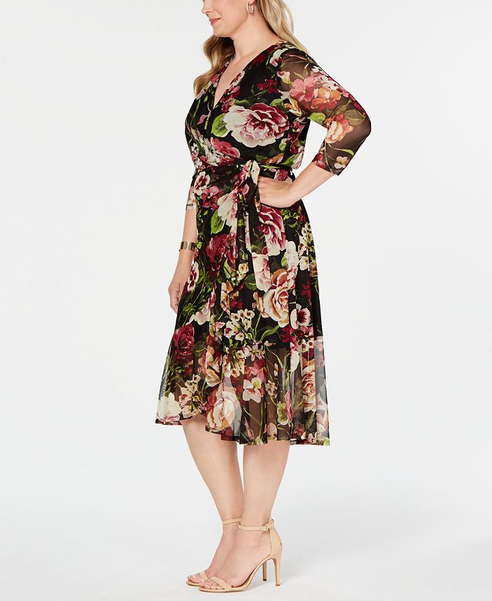 Connected Plus Size Floral Mesh Wrap Midi Dress - Macy's