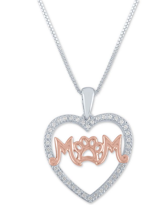 Macy's - Diamond Mom Paw-Print 18" Pendant Necklace (1/10 ct. t.w.) in Sterling Silver and 14k Rose Gold Over Sterling Silver