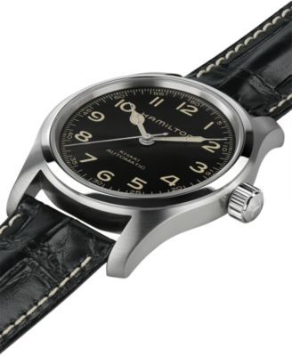Men’s Swiss Automatic Khaki Field Murph Black Leather Strap Watch 42mm