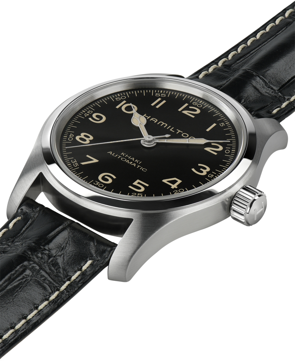 Shop Hamilton Men's Swiss Automatic Khaki Field Murph Black Leather Strap Watch 42mm