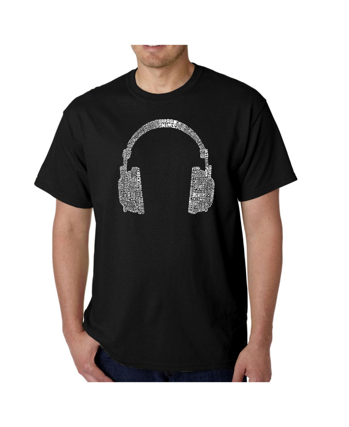 Мужская футболка LA Pop Art Word Art - Headphones - 63 Genres of Music, цвет: Чёрный — фото 1