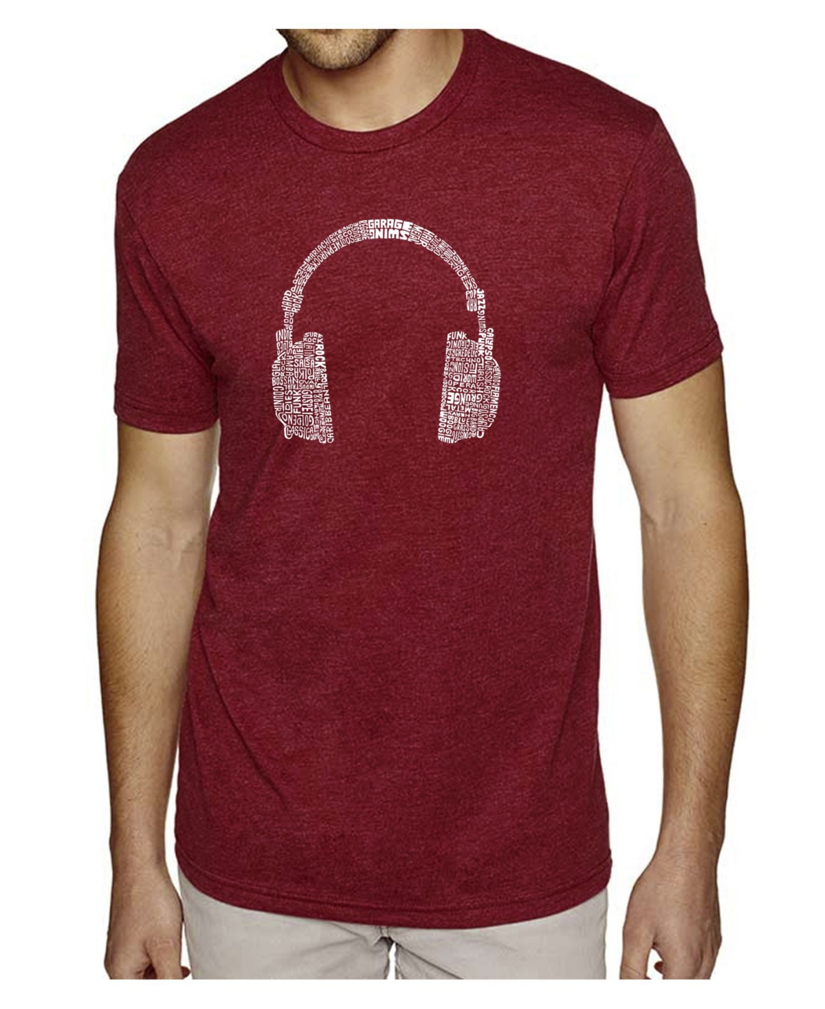 Mens Premium Blend Word Art T-Shirt - Headphones - Music Genres - Burgundy