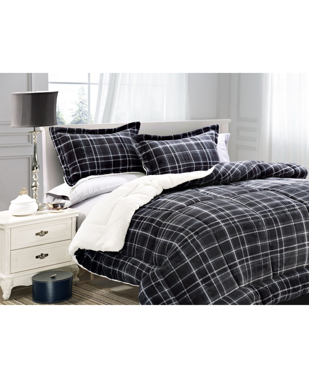 Elegant Comfort Plaid Micromink/Sherpa Reversible Down Alternative Microsuede 2 Pc Comforter Sets, Twin/Twin Xl