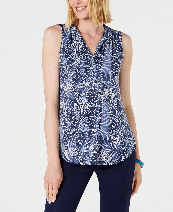 Charter Club Sleeveless Printed Pleated-Neck Top, Created for Macy's ...