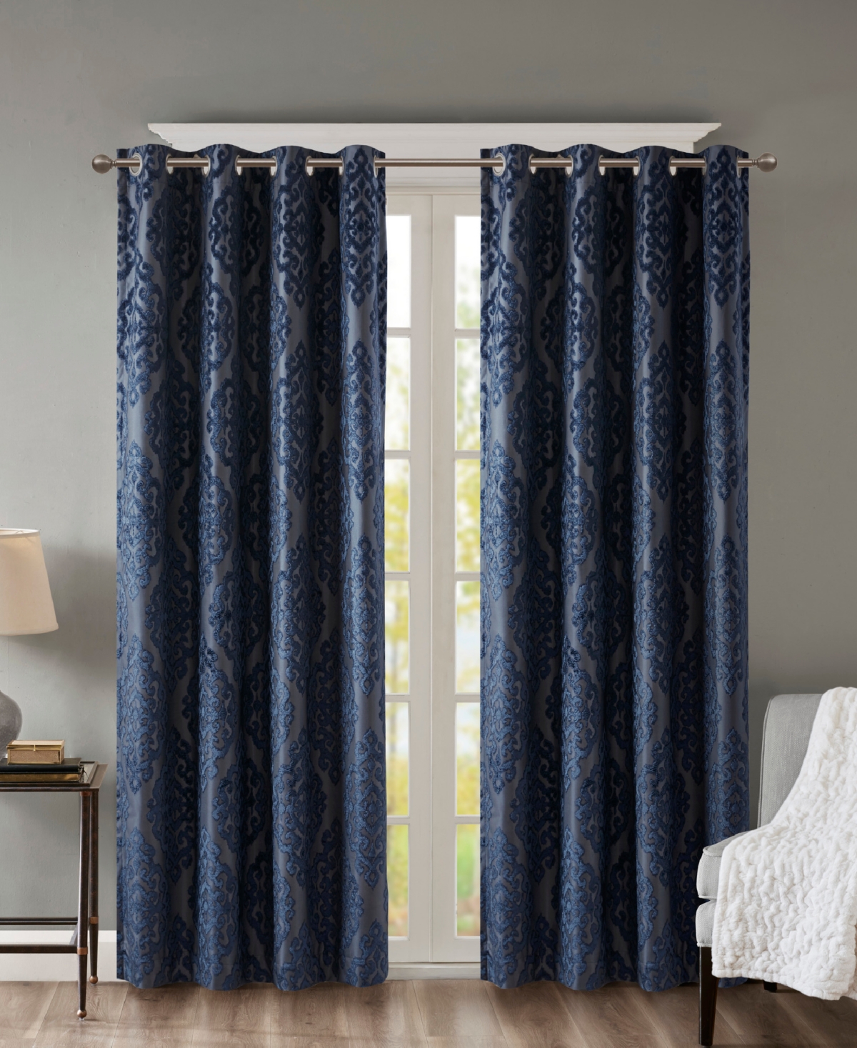 Mirage Knitted Jacquard Damask Total Blackout Grommet Top Curtain Panel, 50"W x 95"L - Charcoal