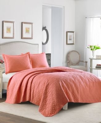 Laura Ashley Solid Coral Quilt Set 