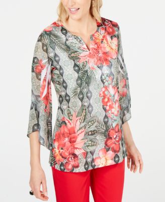 JM Collection - Printed Embellished Split-Neckline Top