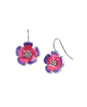 image of 2028 Silver-Tone Purple and Pink Enamel Flower Drop Earrings