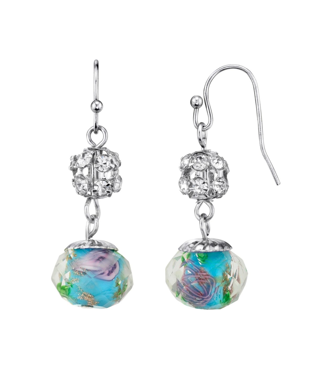 2028 Silver Tone Aqua And Pink Flower Bead With Crystals Drop Wire Earring In Blue