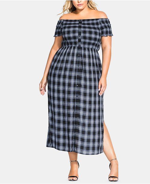 City Chic Trendy Plus Size Rebel Plaid Off The Shoulder Dress