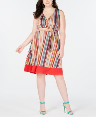 Love Squared - Trendy Plus Size Striped Faux-Wrap Dress