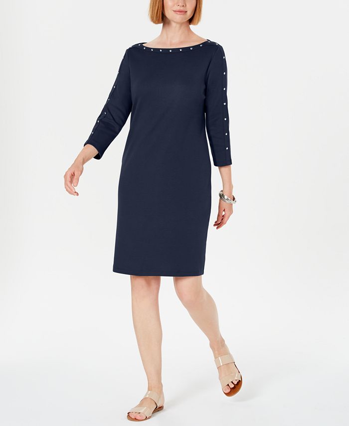Karen Scott Sport Cotton Studded 3/4Sleeve Shift Dress, Created for