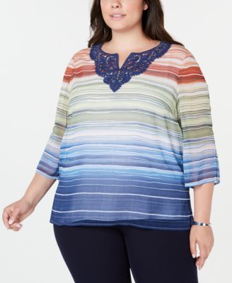 Alfred Dunner Womens 100 Cotton Lake Tahoe Bell Sleeve Top Bluesize 16
