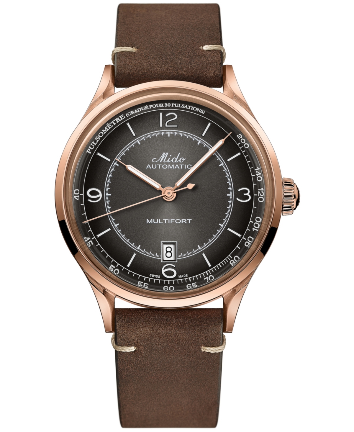 MIDO MEN'S SWISS AUTOMATIC MULTIFORT PATRIMONY PULSOMETER BROWN LEATHER STRAP WATCH 40MM