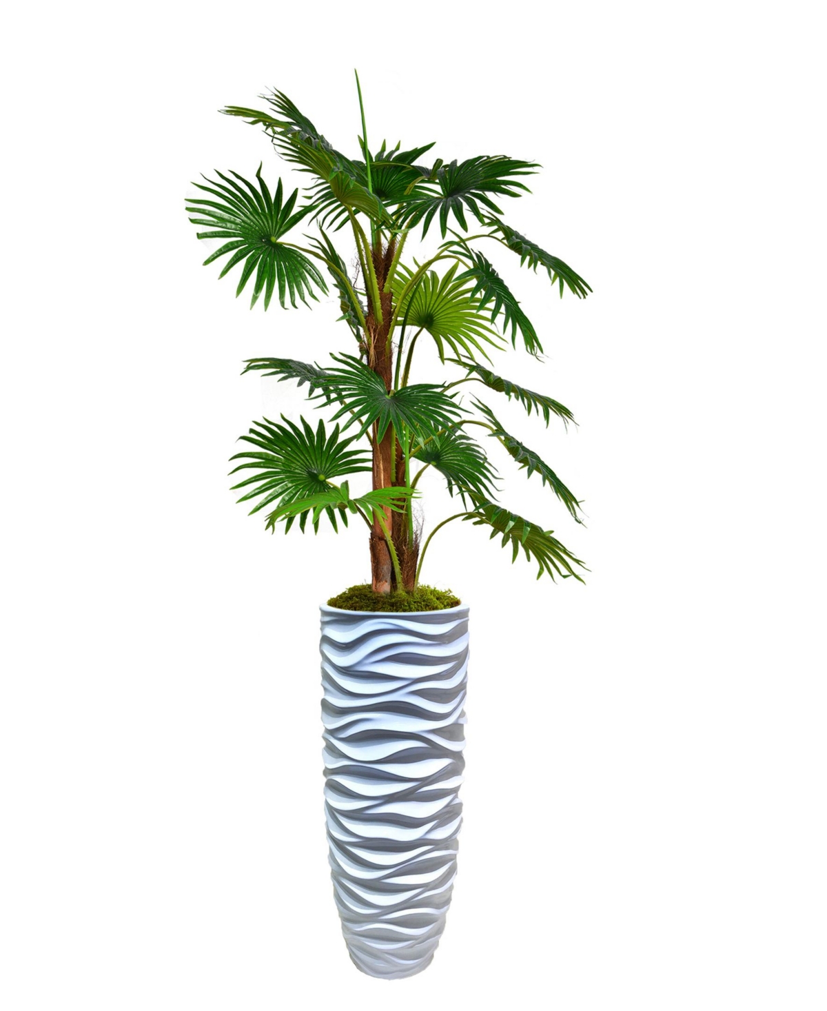 70" Tall Fan Palm Tree Faux decor with Burlap Kit in Resin Planter - White