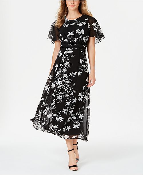 Calvin Klein Floral Printed Flutter Sleeve Maxi Dress Reviews
