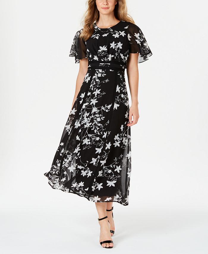 Calvin Klein Floral Printed Flutter-Sleeve Maxi Dress & Reviews - Dresses -  Women - Macy's
