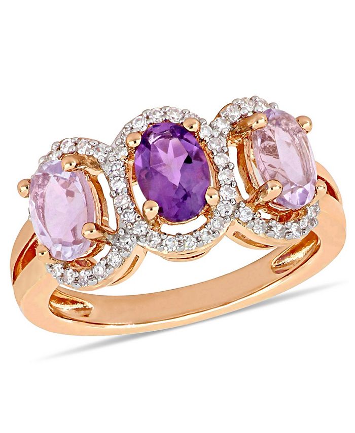 Macy's - Amethyst (1-5/8 ct.t.w.) and Diamond (1/5 ct.t.w.) 3-Stone Halo Ring in 18k Rose Gold over Sterling Silver