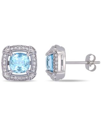 Macy's - Blue Topaz (2-3/8 ct.t.w.), White Sapphire (1/8 ct.t.w.) and Diamond (1/5 ct.t.w.) Halo Stud Earrings in 10k White Gold