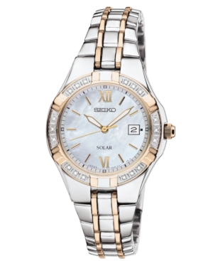 image of Seiko Watch, Women-s Solar Diamond Accent Two Tone Stainless Steel Bracelet 27mm SUT068