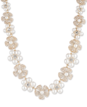 image of Anne Klein Gold-Tone Crystal & Imitation Pearl Flower Strand Necklace, 16