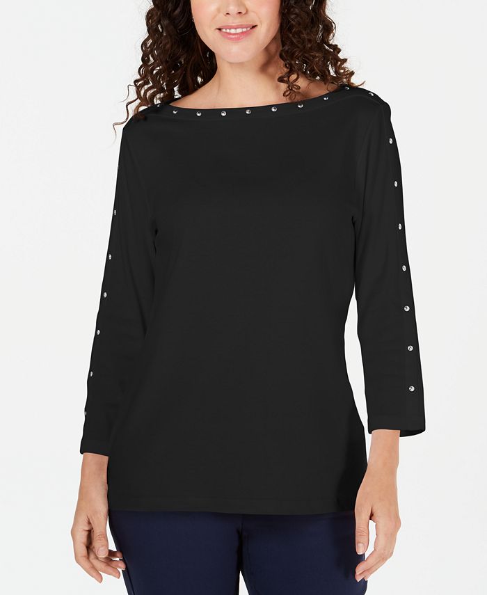 Karen Scott Petite Studded BoatNeck Cotton Top, Created for Macy's