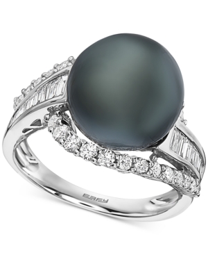 image of Effy Black Cultured Tahitian Pearl (12mm) & Diamond (3/4 ct. t.w.) Ring in 14k White Gold