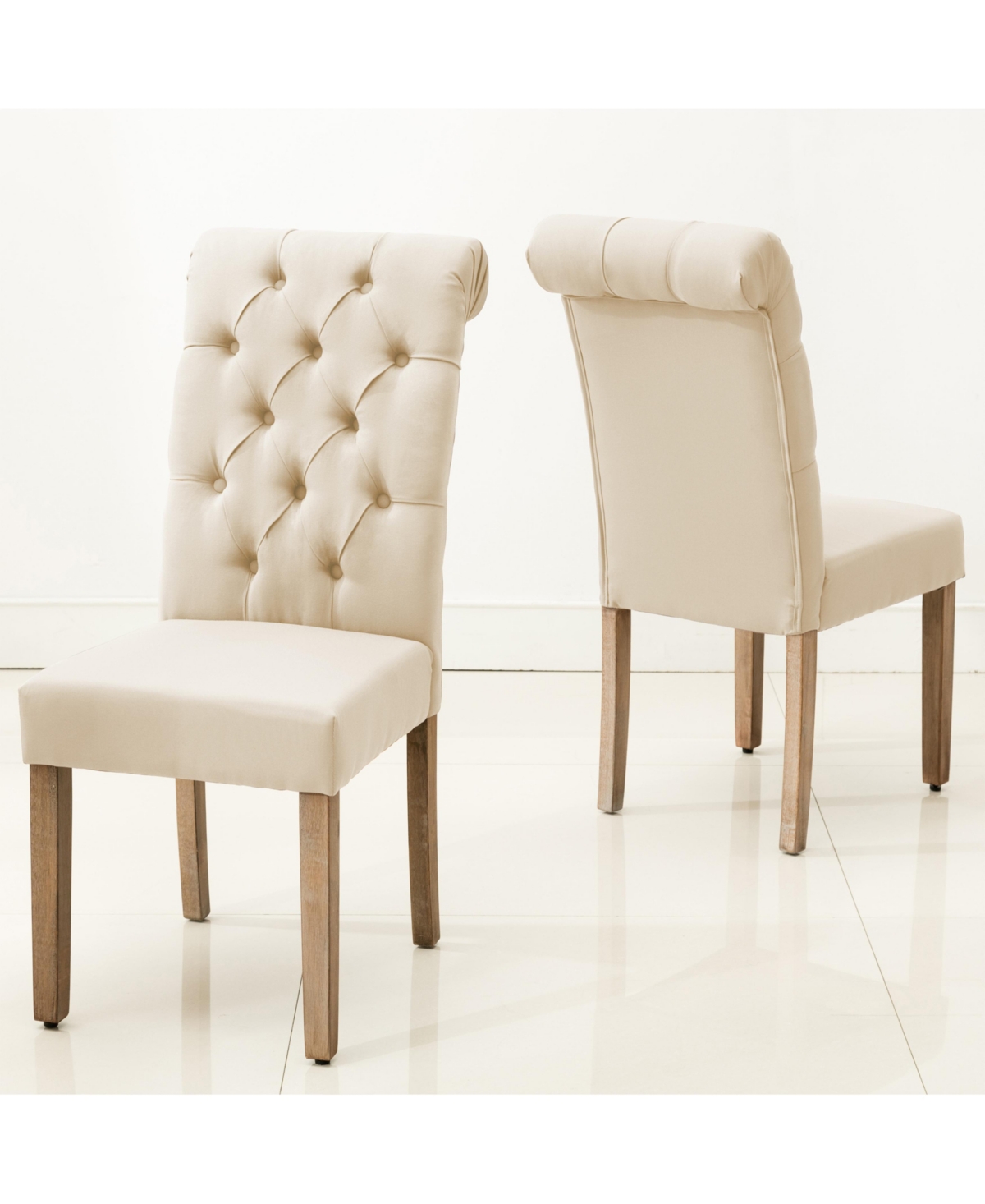 Ac Pacific Natalie Roll Top Tufted Linen Fabric Modern Dining Chair, Set of 2