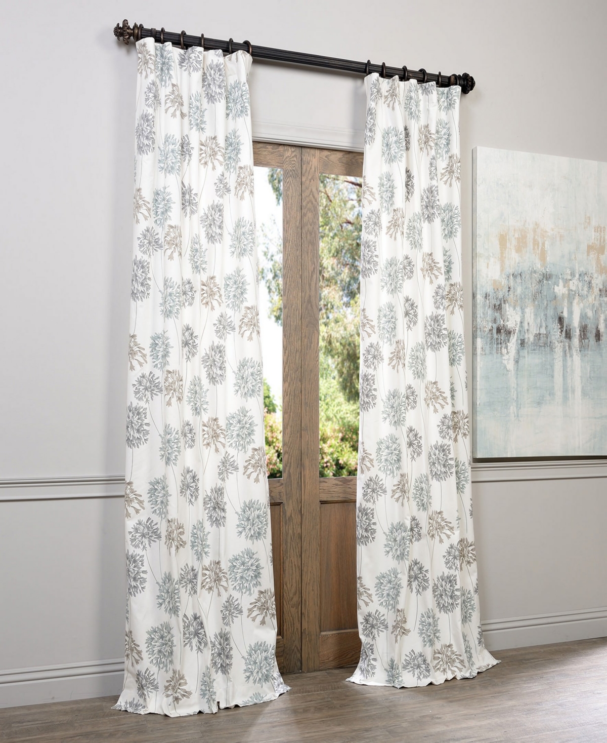 Half Price Drapes Allium Blue Grey Floral Printed Cotton Room Darkening Curtain In Cream