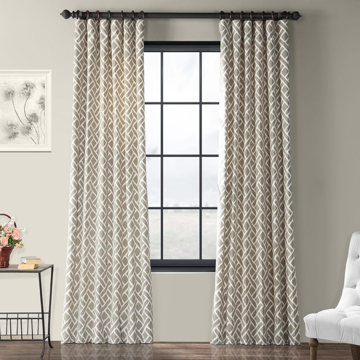 Half Price Drapes Martinique Taupe Geometric Printed Cotton Room Darkening Curtain In Beige,tan