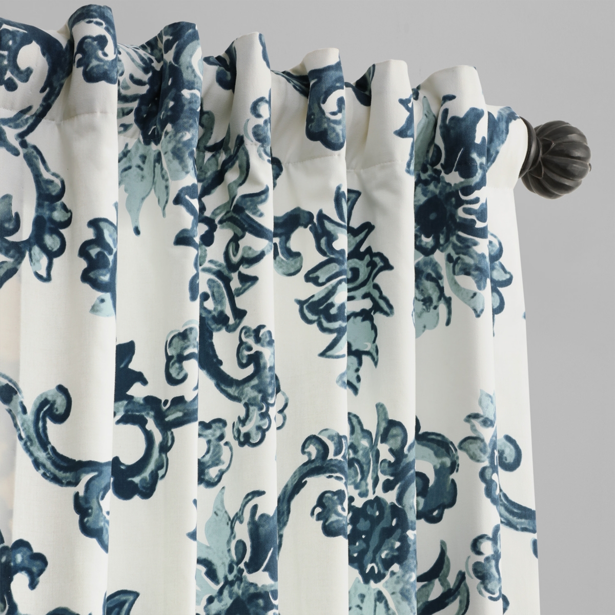 Half Price Drapes Indonesian Blue Floral Printed Cotton Room Darkening Curtain