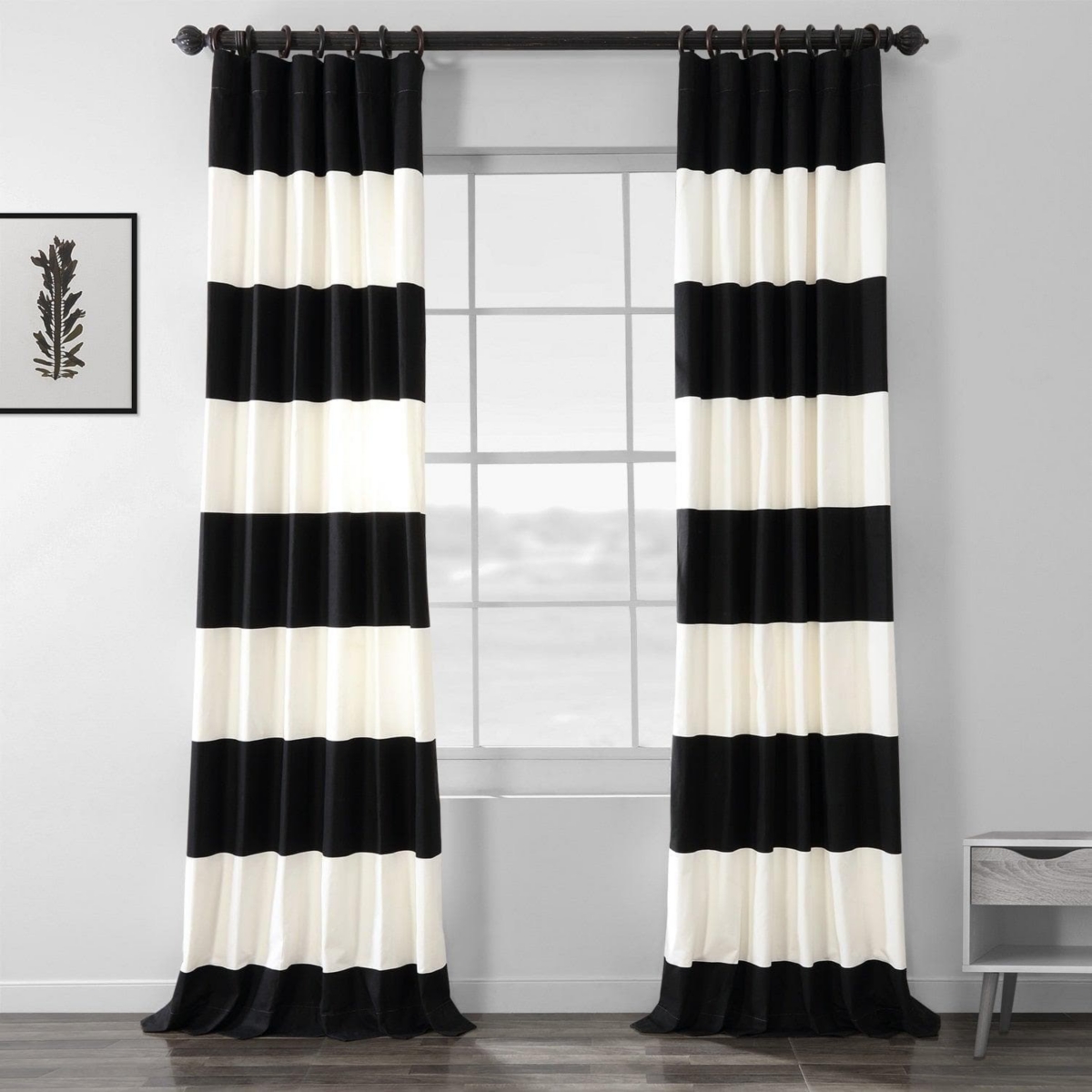 Onyx Black & Off White Horizontal Striped Printed Cotton Room Darkening Curtain - Black