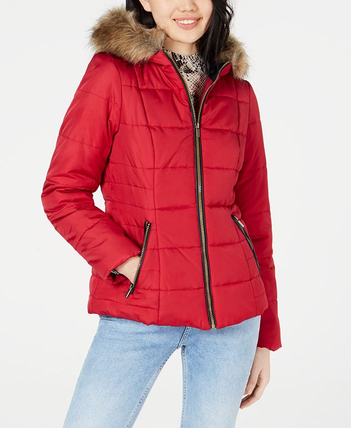Pink puffer jacket 2025 with faux fur trim