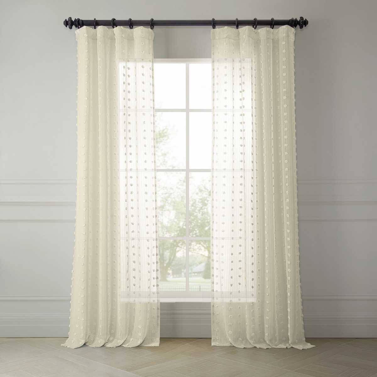 Half Price Drapes Strasbourg Dot Cream Geometric Patterned Faux Linen Sheer Curtain In Cream