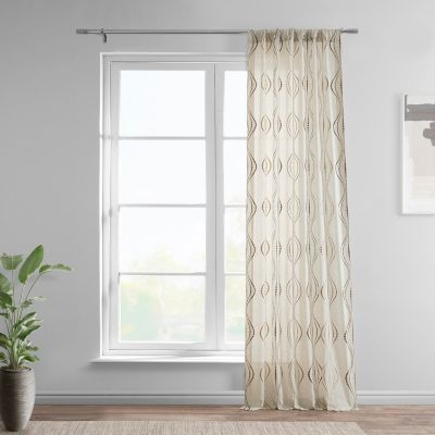 Embroidered Striped Patterned Faux Linen Sheer Curtain
